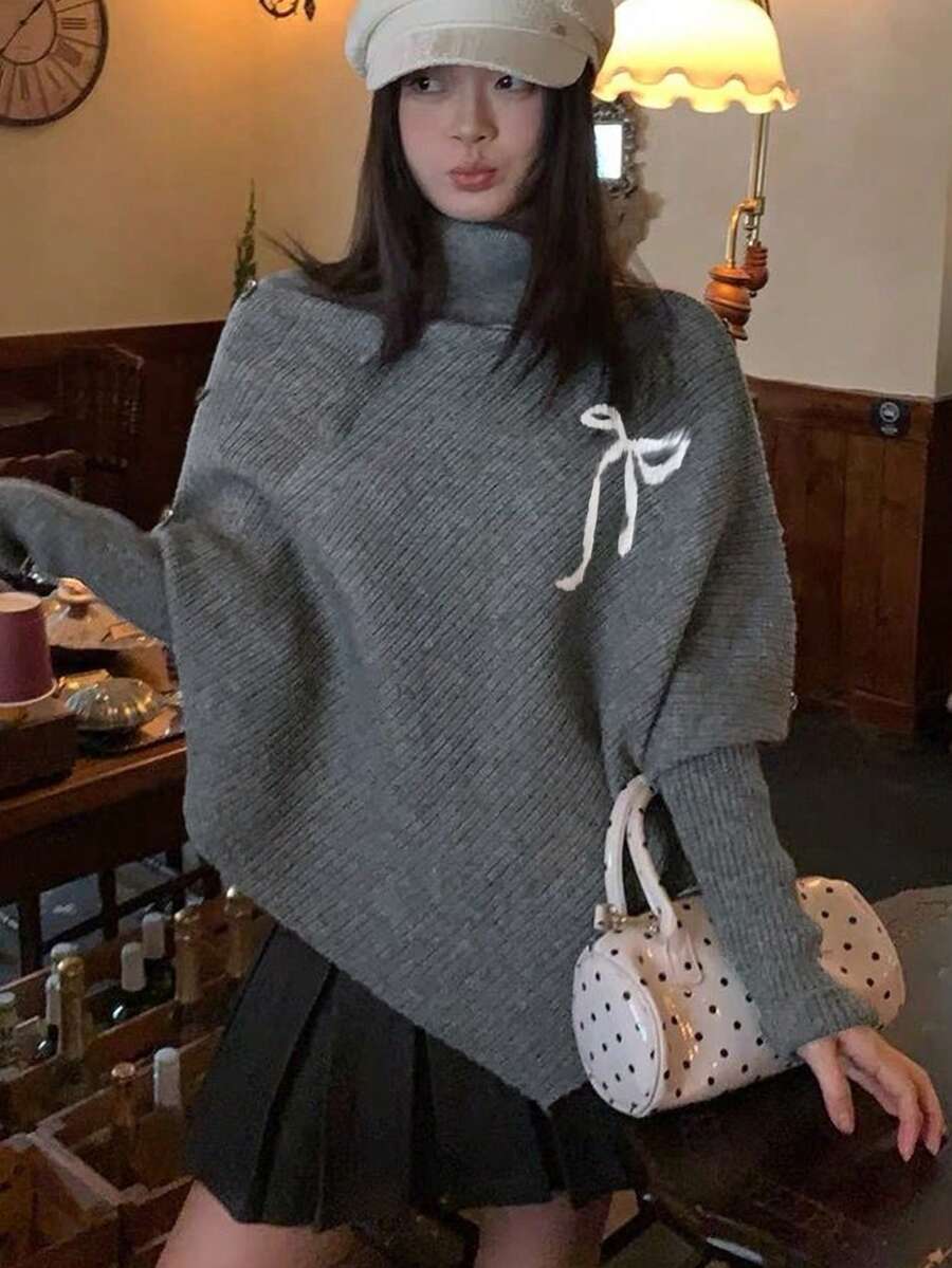 Grey Asymmetrical Slouchy Batwing Sleeve High Neck Knit Sweater For Women, Winter - Grey - View 1