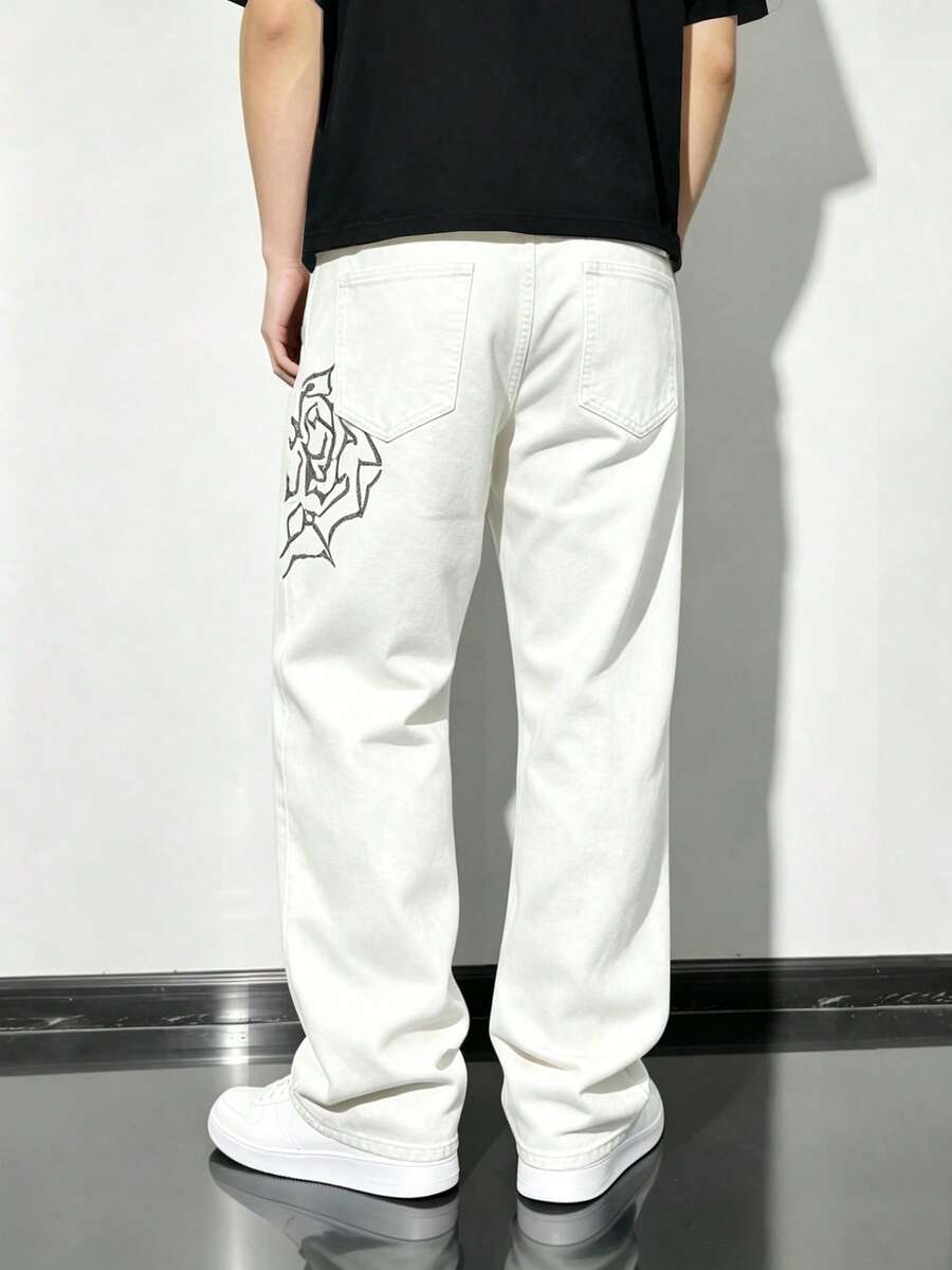 Men's Fashion Embroidered Floral Straight Leg Jeans - White - View 1