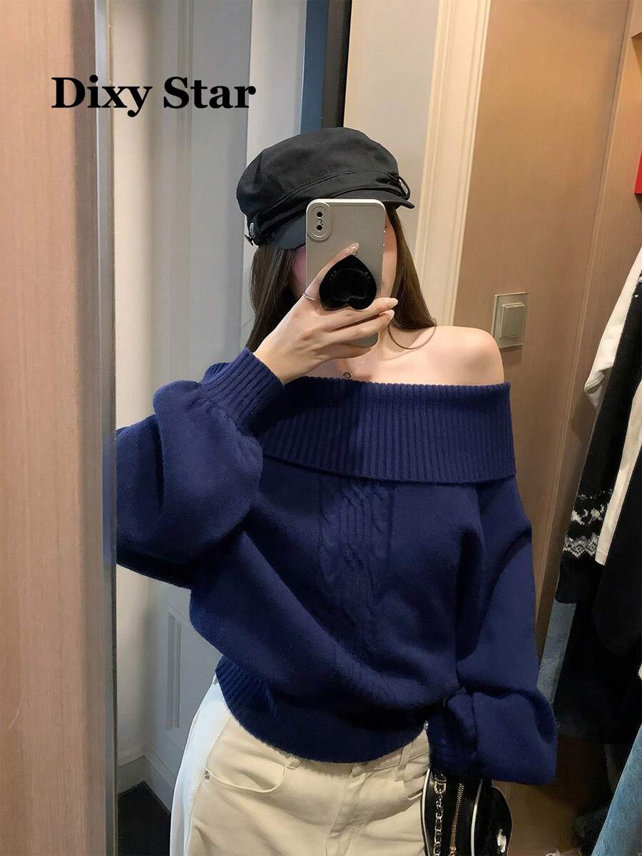 Korean Vintage Cable Knit Sweater Women Autumn/Winter Cold Shoulder Loose Fit Pullover Knit Top - Navy Blue - View 1