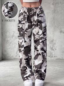 Knot & Curve Women's Cargo Pants, All Season, Elastic Drawstring Waist, Camouflage Print, 3D Large Pockets, Loose Drape Floor Length - White - View 1