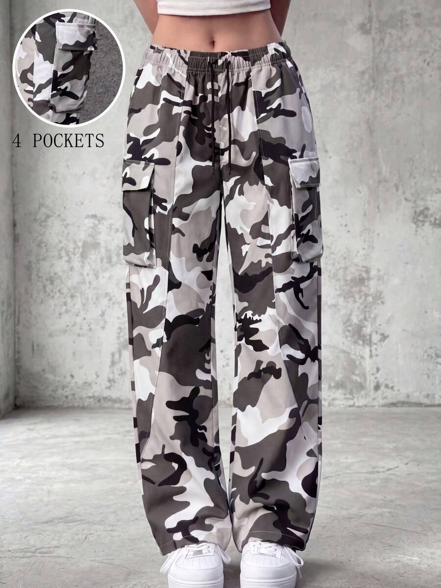 Knot & Curve Women's Cargo Pants, All Season, Elastic Drawstring Waist, Camouflage Print, 3D Large Pockets, Loose Drape Floor Length - White - View 1