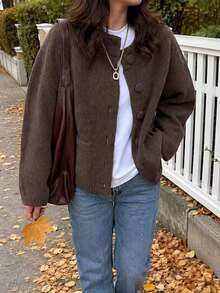 Women's Brown Y2K Style Solid Color Round Neck Single Button Long Sleeve Knit Sweater, Elegant Casual Daily Spring Autumn Winter Top Fall - Brown - View 3