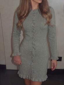Women's Elegant Grey Ribbed Knit Fitted Long Sleeve Ruffle Hem Metal Button Sweater Dress, Autumn/Winter Date Outfit Fall - Grey - View 3