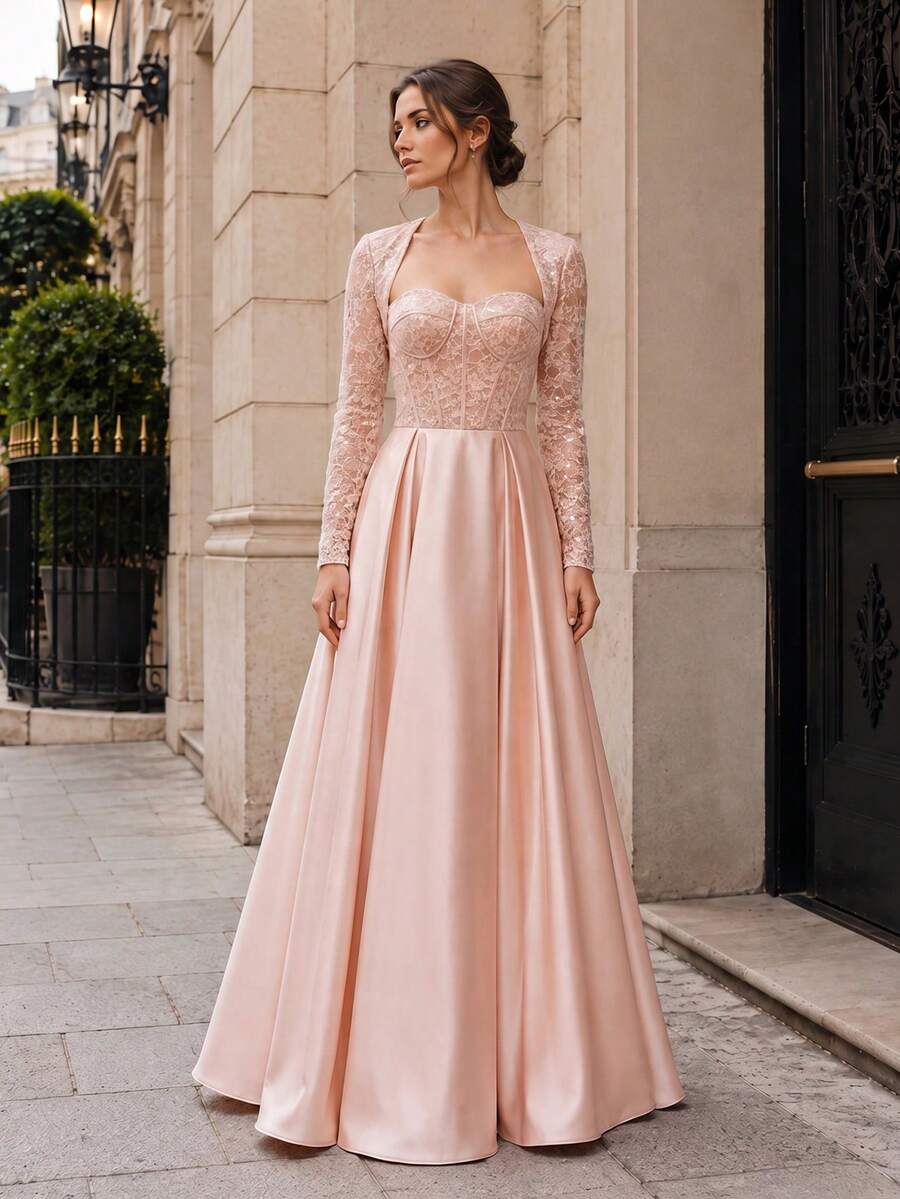 VIPGIRL Elegant Women's Long Sleeve Square Neck Ball Gown, Contrast Color Lace Mesh Bodice, Pleated Long Formal Dress - Baby Pink - View 1