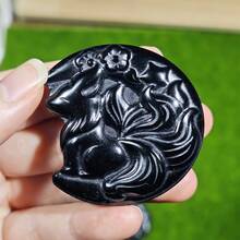Natural Obsidian Nine-Tailed Fox Carving, Handcrafted Crystal Ornament For Home Decor And Crystal Collection, Halloween Gift, Christmas Gift| - Multicolor - View 13