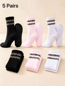Women Leopard Print Striped Silicone Dot Non-Slip Soft Knit Mid-Calf Yoga Pilates Fitness Daily Socks - Multicolor - View 11