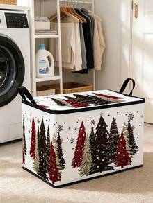 Hộp lưu trữ có khóa kéo với thiết kế cây thông Noel; họa tiết vẽ tay cây thông, bông tuyết, ngôi sao và hoa văn ngày lễ mùa đông cổ điển màu đỏ, đen và bạc; giỏ/thùng lưu trữ có thể gấp gọn có tay cầm, phù hợp để sắp xếp đồ đạc trong nhà - Nhiều màu - Xem 7