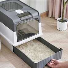 Caja de arena para gatos cerrada con puerta delantera y salida superior, diseño con cajón y pala, control de olores y a prueba de fugas, proporcionando un espacio interior amplio para gatos - Color caoba - Ver 1
