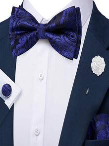 Set 4 Buah Dasi Kupu-kupu Jacquard Paisley Biru Tua untuk Pria, Sapu Tangan Saku, Manset, dan Bros untuk Pernikahan dan Pesta Bisnis - Royal Blue - View 1