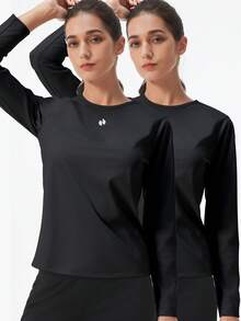 HOTSUIT 2pcs/Set Women's Knitted Long Sleeve Sauna Shirts, Slim Fit Fitness Tops, Suitable For Sports Training And Spring Daily Wear - Black - View 4