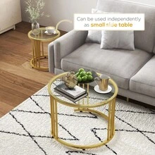 Round Coffee Tables Set Of 2, Nesting Tables With Tempered Glass Top And Steel Frame, Black On-Site - Gold + Steel - View 6