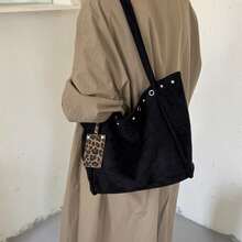 1pc Retro Faux Suede Hobo Shoulder Bag, Rivet Detail With Leopard Charm Pendant, Large Capacity Casual Daily Commuter Handbag - Black - View 2