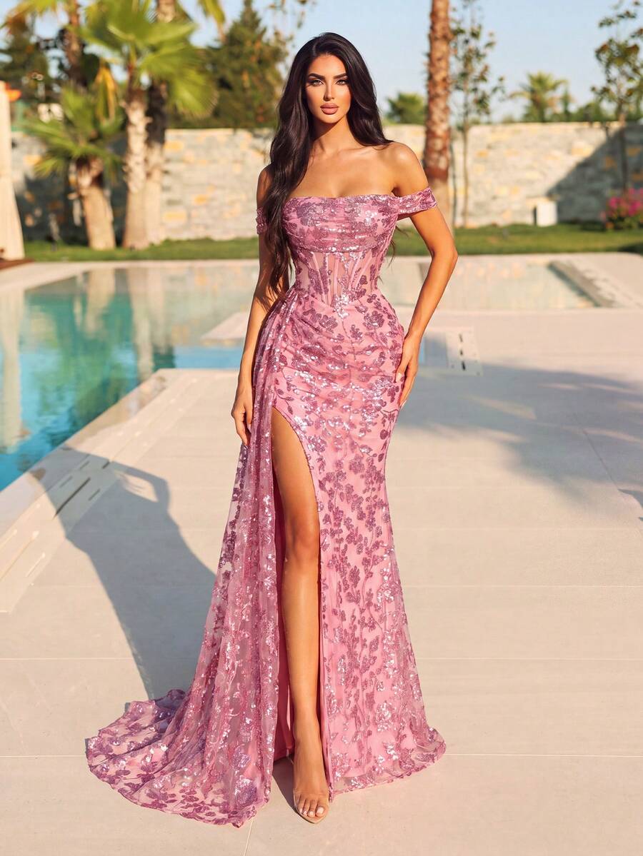 Women's Charming Sequin Floral Embroidered Off-Shoulder Cinched Waist Long Dress, Suitable For Formal Occasions And Balls - Watermelon Pink - View 1