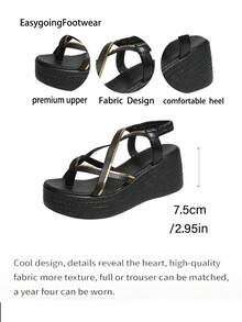Women's Wedge Sandals, Gold Trim Cross Strap, Elastic Back Strap, Open Toe Summer Vacation Daily Sandals - Black - View 9