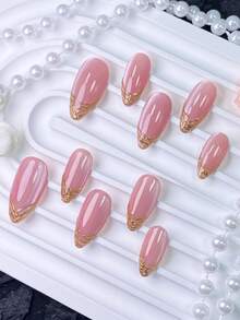10 Pieces Of Handmade Press On Nails,Fake Nails,Almond Nails,Short Nails,Press On Nails Acrylic,Fall Nails,Pink Cat‑Eye Base With Textured Gold Line French Tip,Reusable Press On Nails For Wedding Dating Daily Party,With Manicure Gift For Women Girls - Watermelon Pink - View 5