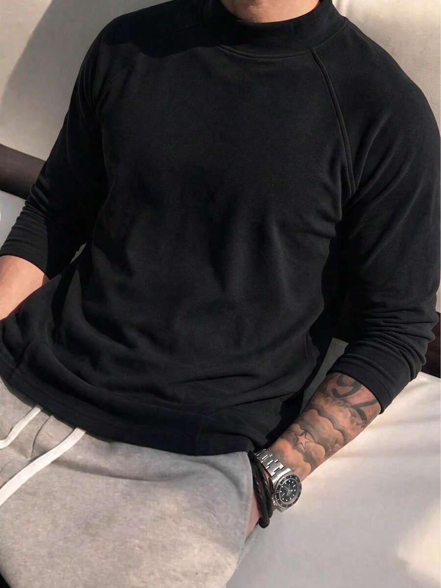 Kaos Pria Lengan Panjang Leher Tinggi Raglan Warna Hitam, Atasan Lapisan Dalam Minimalis Kasual untuk Awal Musim Gugur, Warna Polos - Hitam - View 1