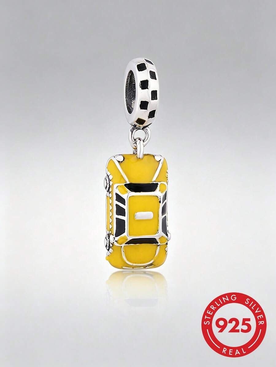 1pc S925 Sterling Silver Yellow Taxi Pendant, Resin Creative Vintage Car Shape DIY Bracelet Charm - Silver - View 1