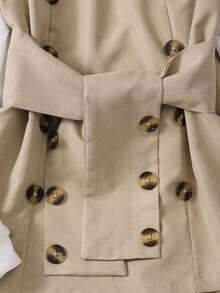 Girls' 2-Piece Preppy Style Set, 2-In-1 Long Sleeve Shirt And Flare Pants Outfit, Double-Breasted Tie Elegant Suit Set - Khaki - View 7