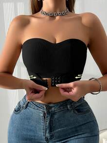 2Pcs Multi-Color Ribbed Front Closure Women Bra, Wireless Strapless Wrap Bandeau With Front Hook Padded Push Up Cups Lingerie. - Multicolor - View 7