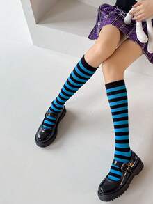 1 Pair Women's Calf Socks, Winter Warm Contrast Color Striped Slimming Long Tube Slouch Socks, Suitable For Multiple Outfits, Party Wear, Christmas Wear - Multicolor - View 11