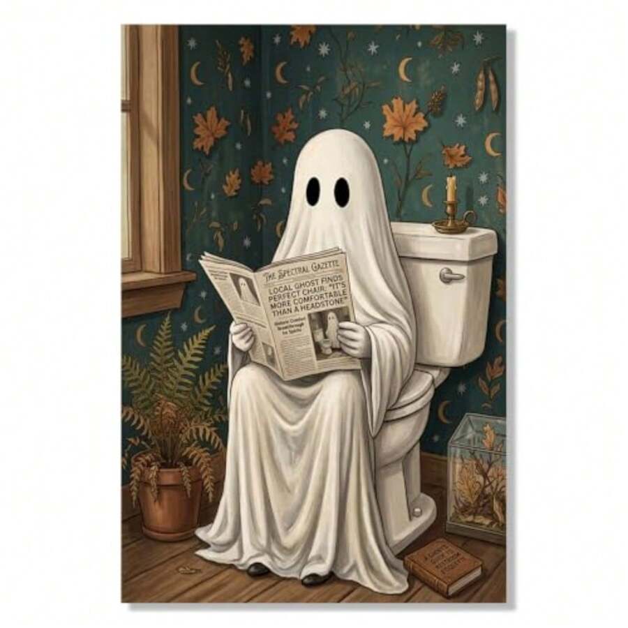 Halloween Poster Canvas Wall Art, Funny Ghost Reading Newspaper 12x18in - UnframedB - View 1