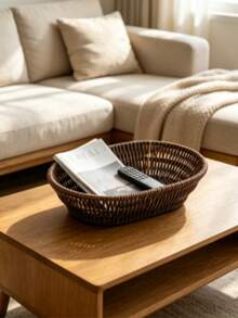 Handmade Woven Fan Shaped Storage Basket, Brown Imitation Rattan Wicker Tray For Bread Fruit Food Serving - Oval - View 4