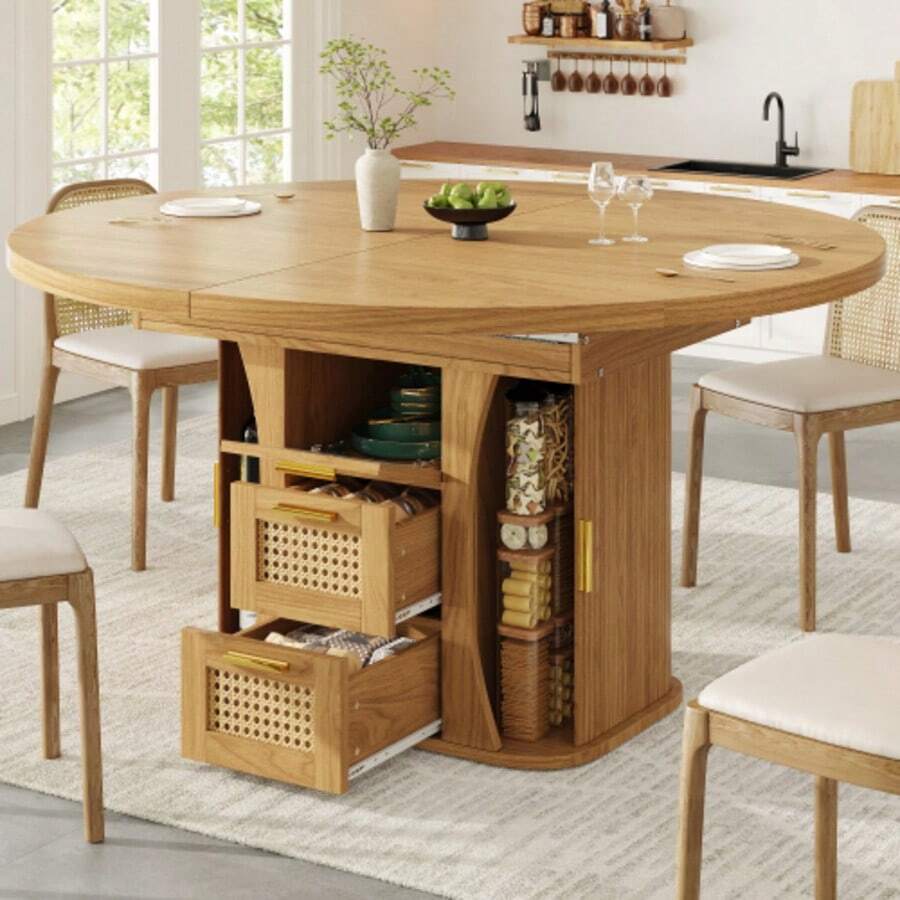 Extendable Dining Table 118-158cm, Dining Table With Rattan Storage Drawers, MDF Wood Look, Black & Natural Oak Style - Wood Color - View 1