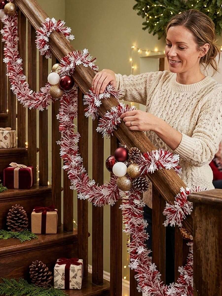 4pcs 2m Christmas Snowflake Sequin Ruffle Ribbon, Christmas Tree Decoration, Christmas Table Decoration, Christmas Stair Railing Decoration, Christmas Party Decoration, DIY Christmas Gift Basket Decoration, Christmas Chair Back Decoration - Multicolor - View 1
