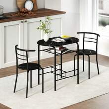 3-Piece Dining Table Set , Metal Frame Wood Top Breakfast Bar Table Set 2, Dining Table/Storage Shelf & 2 Chairs On-Site - Black + Engineered Wood - View 7