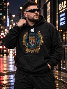 Hoodie Pria Ukuran Besar dengan Hiasan Kepala Harimau dan Rhinestone, Sweatshirt Pullover Vintage Hitam dengan Motif Cetak - Hitam - View 1