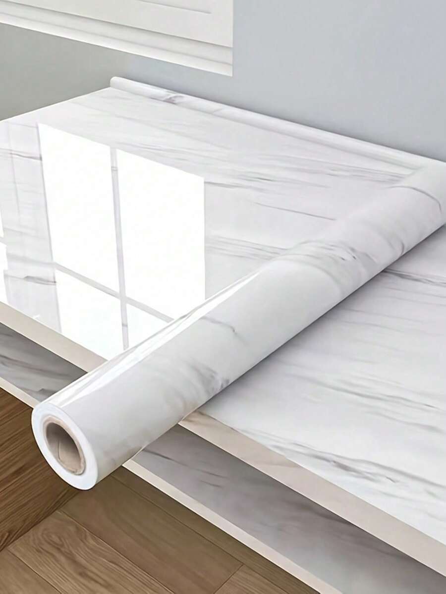 1pc Waterproof White Marble Pattern PVC Wallpaper, Heat Resistant Self-Adhesive Decorative Paper, Suitable For Kitchen, Bathroom, Bedroom And Living Room - White - View 1