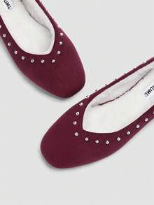 ADAMUMU Suede Silver Rivet Thermal Lined Flat Shoes, Square Toe Low Vamp Warm Lining, Maillard Retro Sweet Cool Versatile - Burgundy - View 6