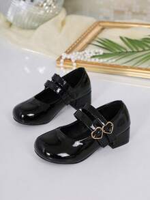 Black Glossy Double Heart-Shaped Buckle With Low Thick Heel, Spring And Autumn Girl Mary Jane Shoes, Little Girl Performance Dress, Shoes - Black - View 2
