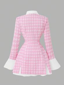 Teen Girls Fashion Elegant Colorblock Plaid Cinched Waist Long Sleeve Ruffle 2-In-1 Dress, Elegant Style, Suitable For Autumn/Winter Student Wear - Pink - View 2