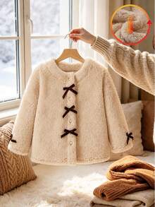 Autumn/Winter Girls Toddler Fashion Casual Fluffy Cute Bow Decor Long Sleeve Jacket - Mocha Brown - View 1