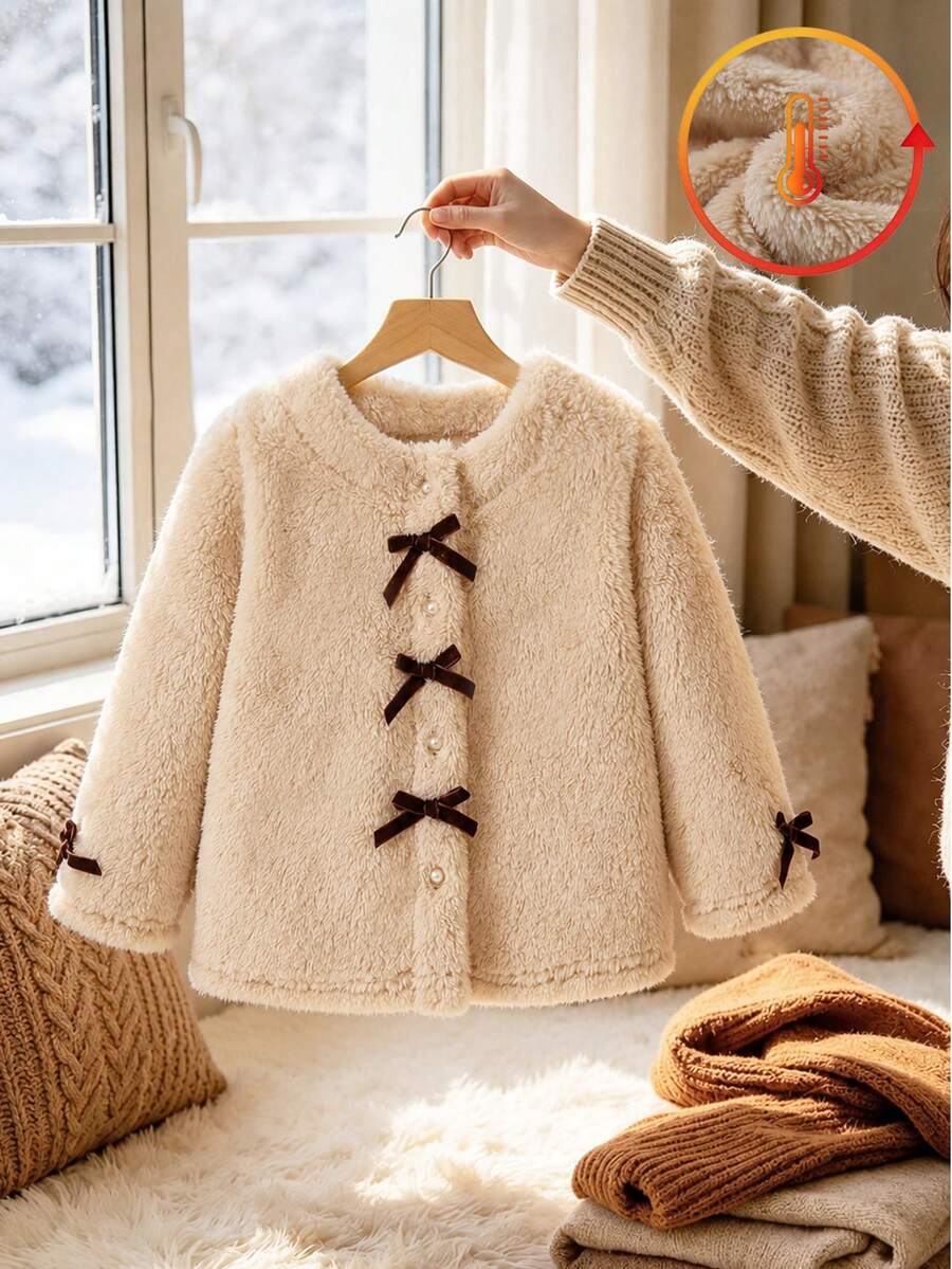 Autumn/Winter Girls Toddler Fashion Casual Fluffy Cute Bow Decor Long Sleeve Jacket - Mocha Brown - View 1