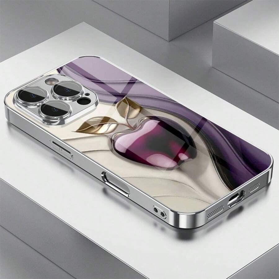 1件優雅奢華紫色蘋果圖案玻璃材質手機殼，高端精緻，適用於Apple - 銀色 - 查看 1
