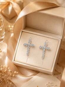XYHEALER 1 Pair Women's Silver Large Rhinestone Cross Ear Clips With Vine Design, Exaggerated Crystal Inlaid Long Cross Earrings, Suitable For Prom, Party, Wedding - Multicolor - View 7