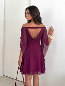Women's Cold Shoulder Backless Chiffon Mini Dress, Long Sleeve A-Line Skirt, Ruffle Hem, Suitable For Summer Vacation And Casual Elegant Occasions Party Dress - Purple - View 8