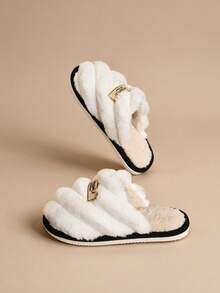 Unisex Pineapple Plaid Colorblock Patchwork Autumn/Winter Indoor Home Slippers, Non-Slip Warm Comfortable Slip-On Fuzzy Slippers - White - View 3