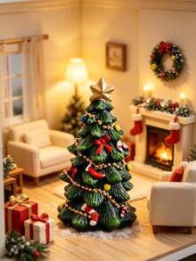 1pc Christmas Tree Tabletop Decor, Green Holiday Tree Ornament With Star Topper Bows Balls Candy Cane Stocking, Mantel Shelf Centerpiece For Winter Christmas Party, Festive Home Decor, Christmas Gift ,Dollhouse Accessories Christmas Decorations - Multicolor - View 3