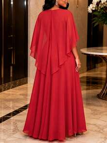 Women Elegant Red Chiffon Cape Sleeve V-Neck Maxi Dress,Rhinestone Brooch Waist Formal EveningGown Wedding Guest Birthday Party Christmas - Red - View 6