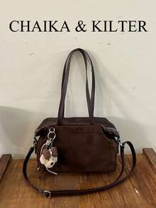 CHAIKA & KILTER 1件磨砂麂皮布料女款復古休閒大容量托特包 大學生書包 拼接縫線鉚釘裝飾 雙手柄設計 拉鍊開合 適合日常購物使用（附吊飾） - 咖啡 - 查看 5