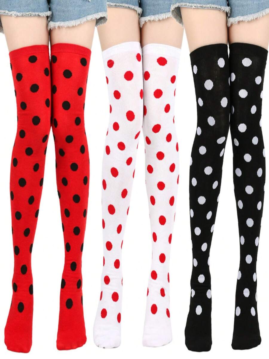 Christmas Halloween Costume Party Role Play Over-The-Knee Socks Red Black Polka Dot Long Stockings - Multicolor - View 1