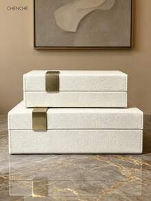 Set Of 2 Small & Large Litchi Grain PU Leather Jewelry Box With Lid, Brushed 7-Shaped Zinc Alloy Handle, Off White & Sahara Brown Rectangular Velvet Lined Accessory Storage Organizer For Vanity Bedroom Decor Holiday Gift - Sahara Gold Brown - View 12