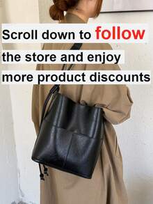 Mini Summer Fashion Texture Solid Color PU Bucket Bag Retro Versatile Women's Shoulder Bag - Black - View 2
