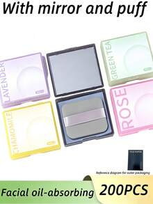 200pcs Pack Of Portable Facial Oil-Absorbing Sheets For Both Men And Women, Includes A Mirror And Makeup Puff; Simple And Easy To Use. - Multicolor - View 6