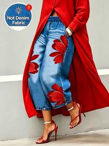 Plus Size Women's Floral Print Denim Effect Cropped Pants, Elastic High Waist Loose Wide Leg Casual Long Pants With Pockets - Blue - View 1