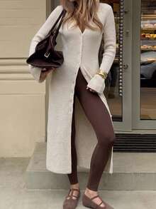 Unadoll Women's Autumn Beige Long Knit Cardigan, Elegant V-Neck Front Button Ribbed Sweater Jacket, Fashionable Casual Commute And Back To School Outfit - Apricot - View 10