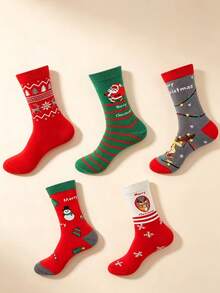 5 Pairs Christmas Theme Mid-Calf Socks, Fun Holiday Print Long Socks, Autumn/Winter Warm Versatile Socks, Home Wear Party Accessory, Exquisite Gift Item, Unisex Casual Socks Fall Socks - Multicolor - View 6